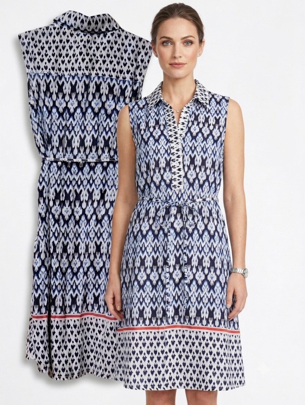 Nwt Cino Geometric Ikat Sleeveless Shirt Dress Rayon MOP Abalone Shell Buttons